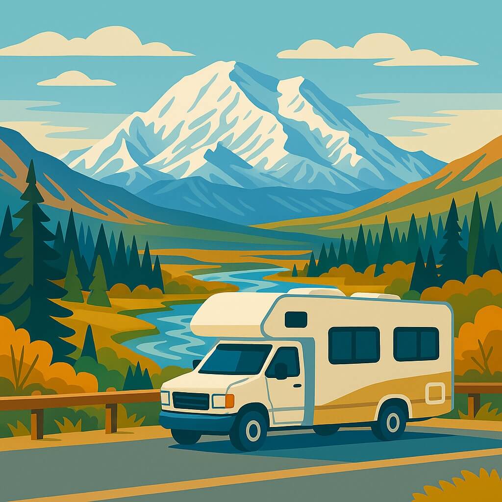 Motorhome on a scenic highway framed by autumn forests and snow-capped Denali rising in Alaska, USA.