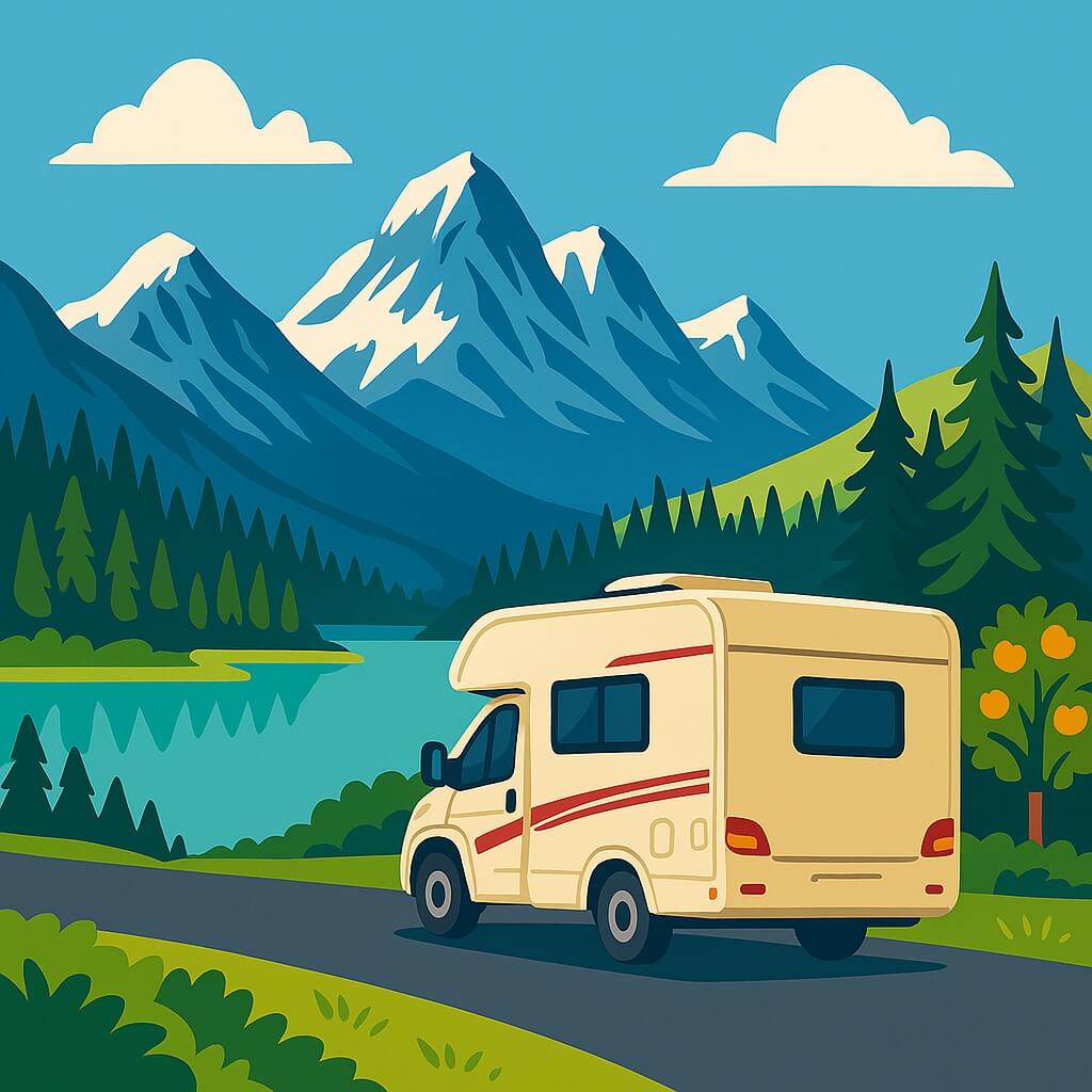 RV beside alpine lake and Rocky Mountains in Alberta, Canada
