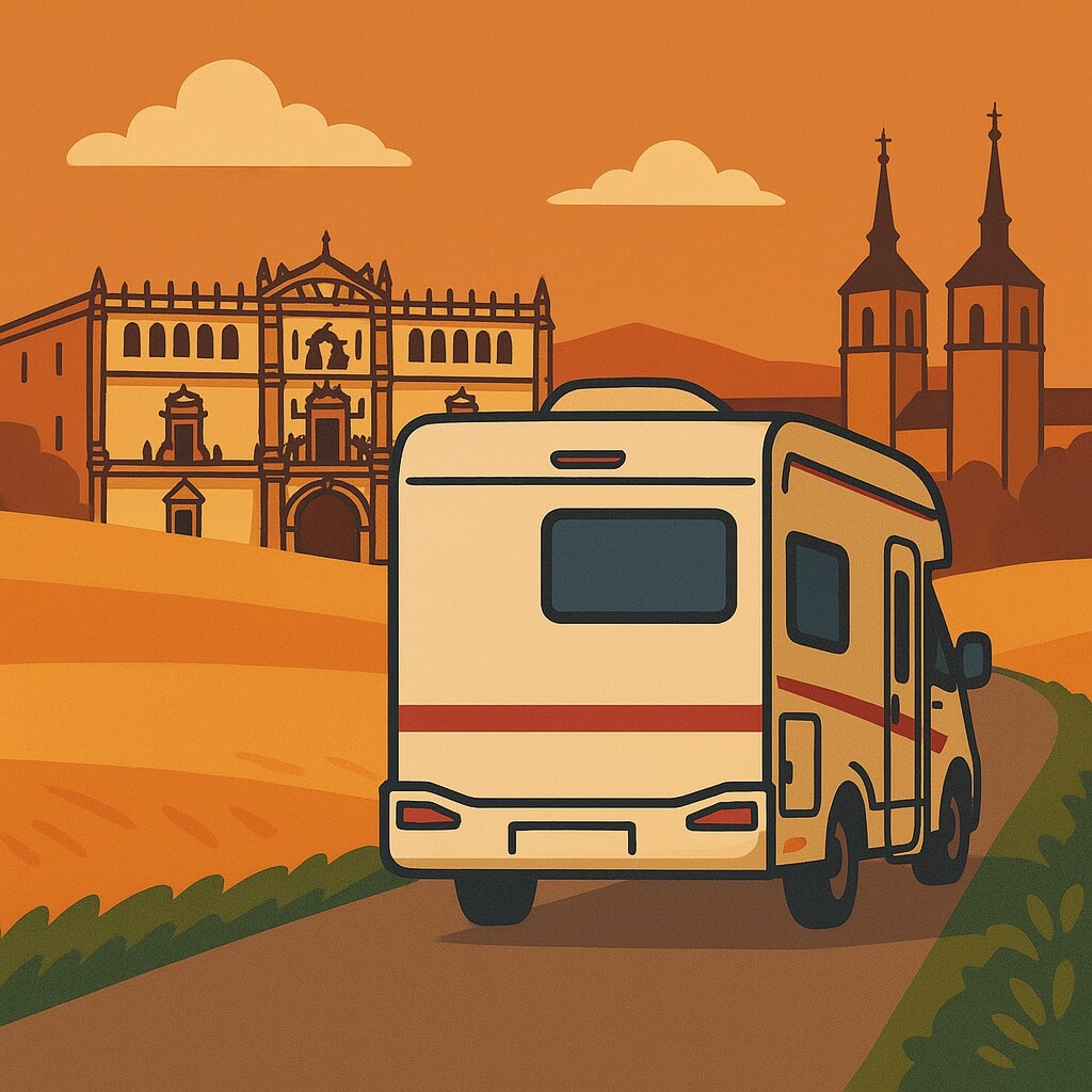 Autocaravana se acerca a Alcalá de Henares, España, con la fachada renacentista de la universidad al atardecer.