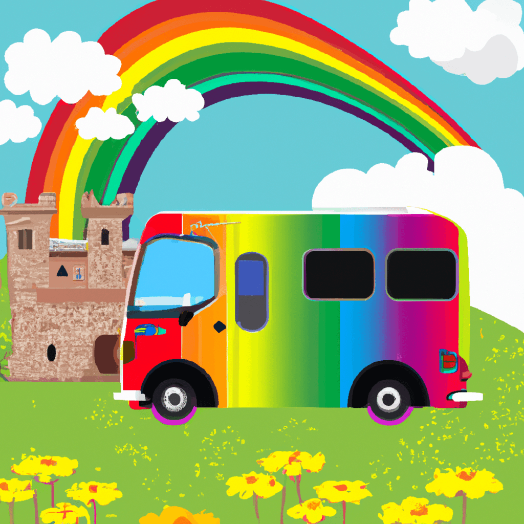Camper colorida en paisaje británico con arco iris
