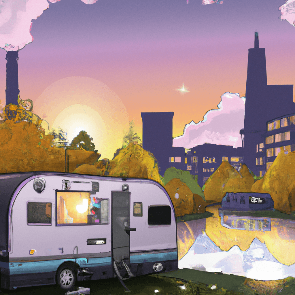 Autocaravana en parque de Manchester con globo aerostático y amanecer