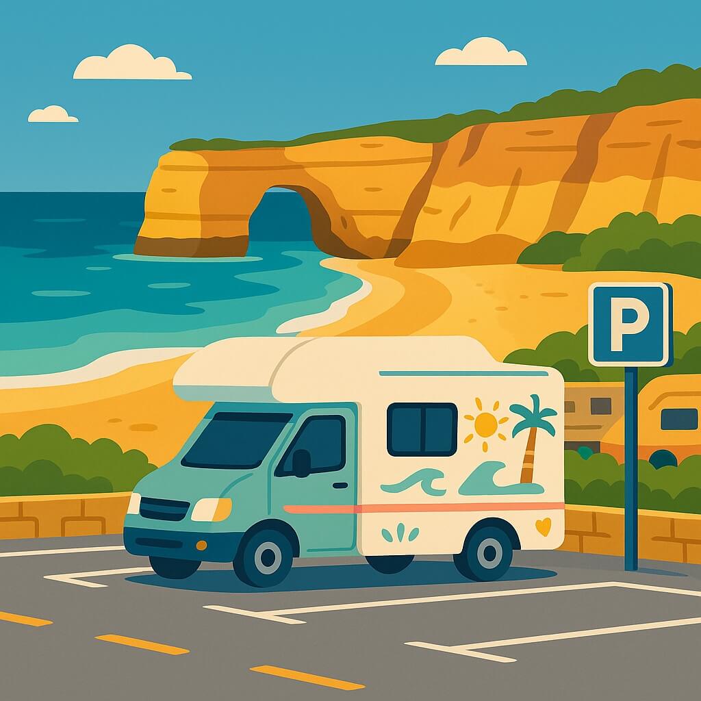 Motorhome parked near golden sea cliffs and a hidden cove along Portugal’s Algarve coast.