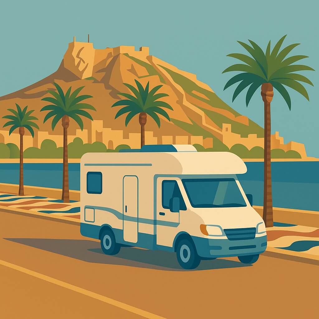 Autocaravana por el paseo marítimo de palmeras con el castillo de Santa Bárbara al fondo, Alicante.