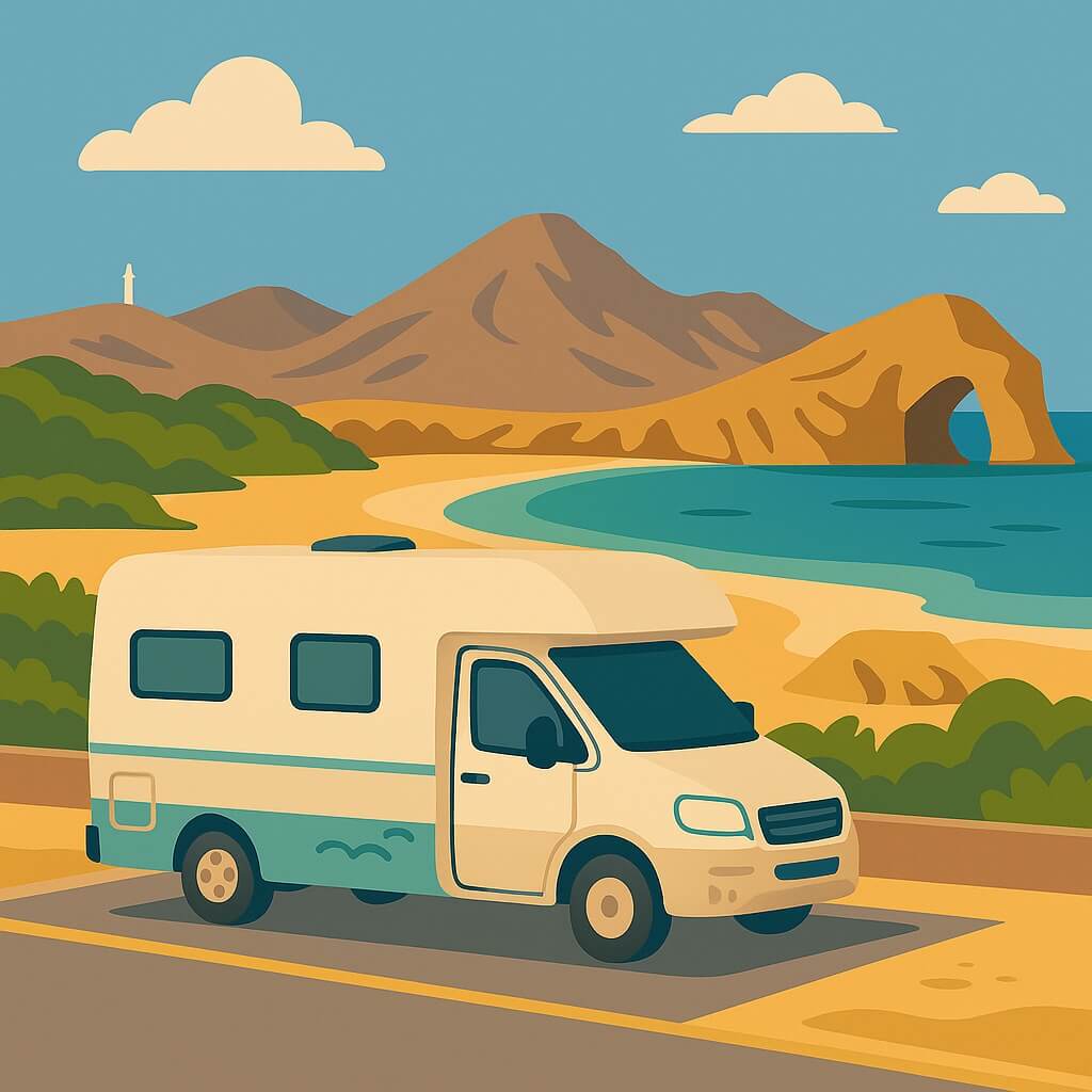 Autocaravana aparcada frente a la bahía y el arco natural de Los Escullos en el Cabo de Gata, Almería, España.