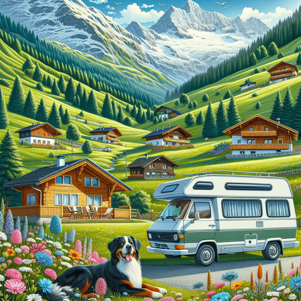 Campervan amidst Austrian scenic landscape, chalets, Bernese dog