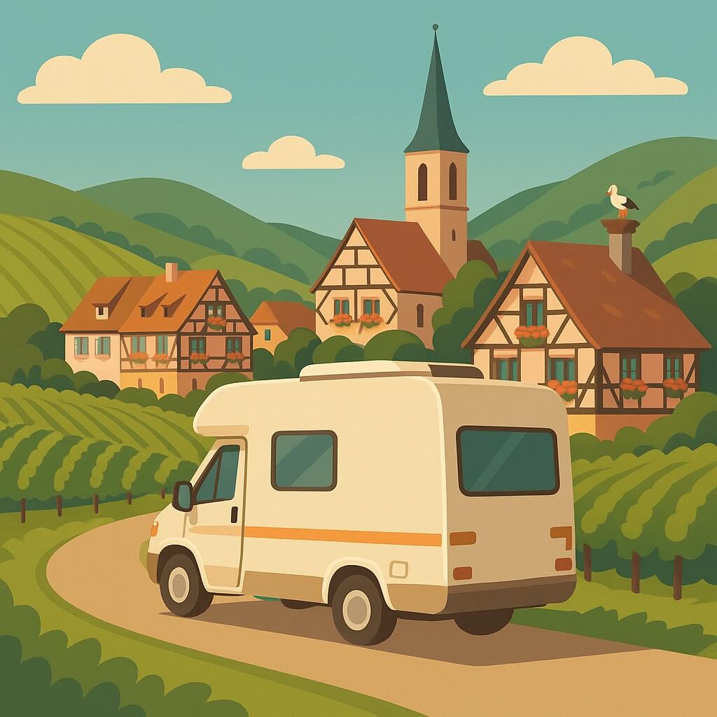 Camping-car serpentant entre les vignes et les maisons à colombages coiffées d’une cigogne, village viticole d’Als