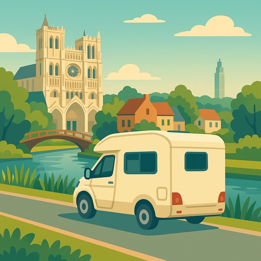 Camping-car roulant le long de la Somme sous le regard majestueux de la cathédrale Notre-Dame d’Amiens, Hauts-de-Fran