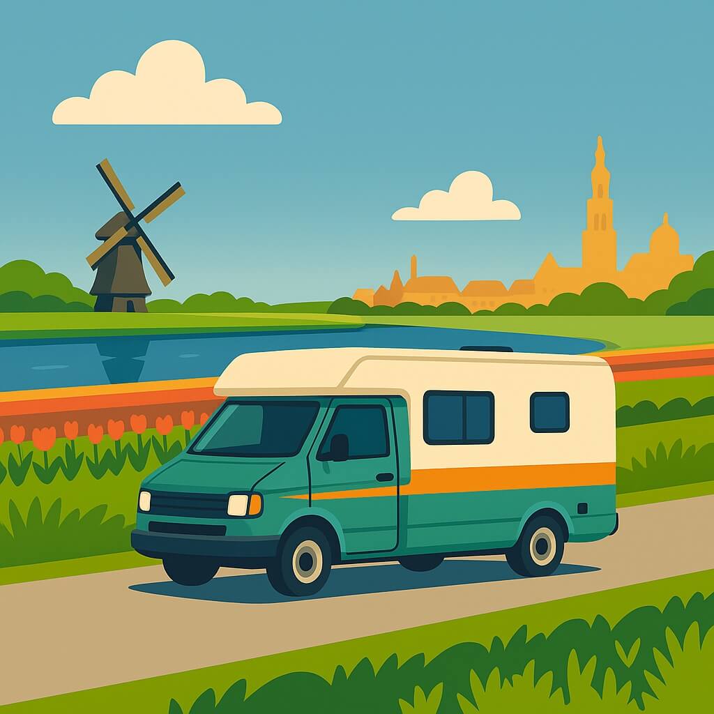 Autocaravana por un dique flanqueado de tulipanes con un molino tradicional y el perfil de Ámsterdam al fondo, Países 