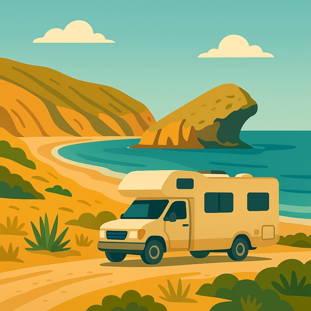 Motorhome parked on a sandy track overlooking La Playa de Mónsul and the rugged Cabo de Gata coast, Andalusia, Spain.