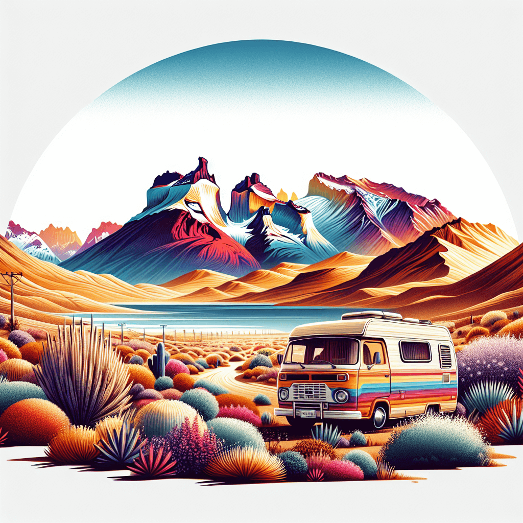 Campervan in vibrant Chilean terrain, featuring Andes, Atacama, Pacific
