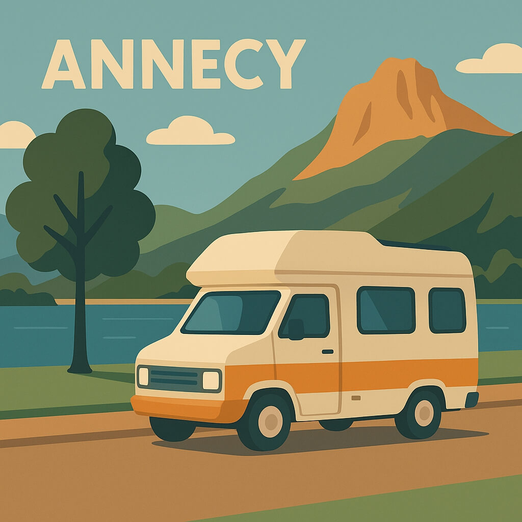 Motorhome cruising the lakeside road below the emerald slopes and clear waters of Lake Annecy, French Alps.