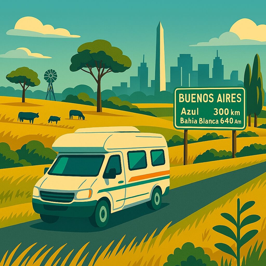 Campervan leaving Buenos Aires and heading into Argentina’s pampas.