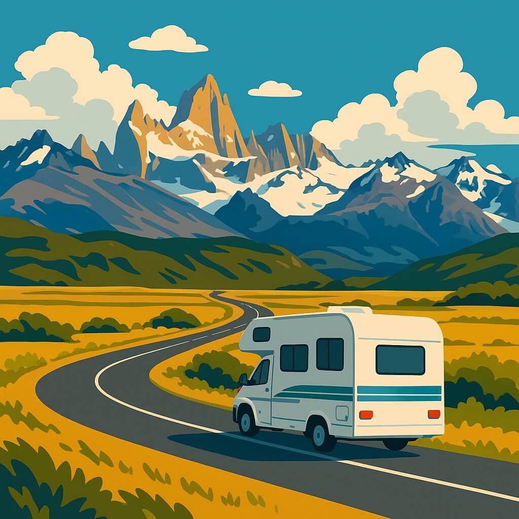 Camping-car sur route sinueuse face aux Andes patagoniennes d’Argentine.