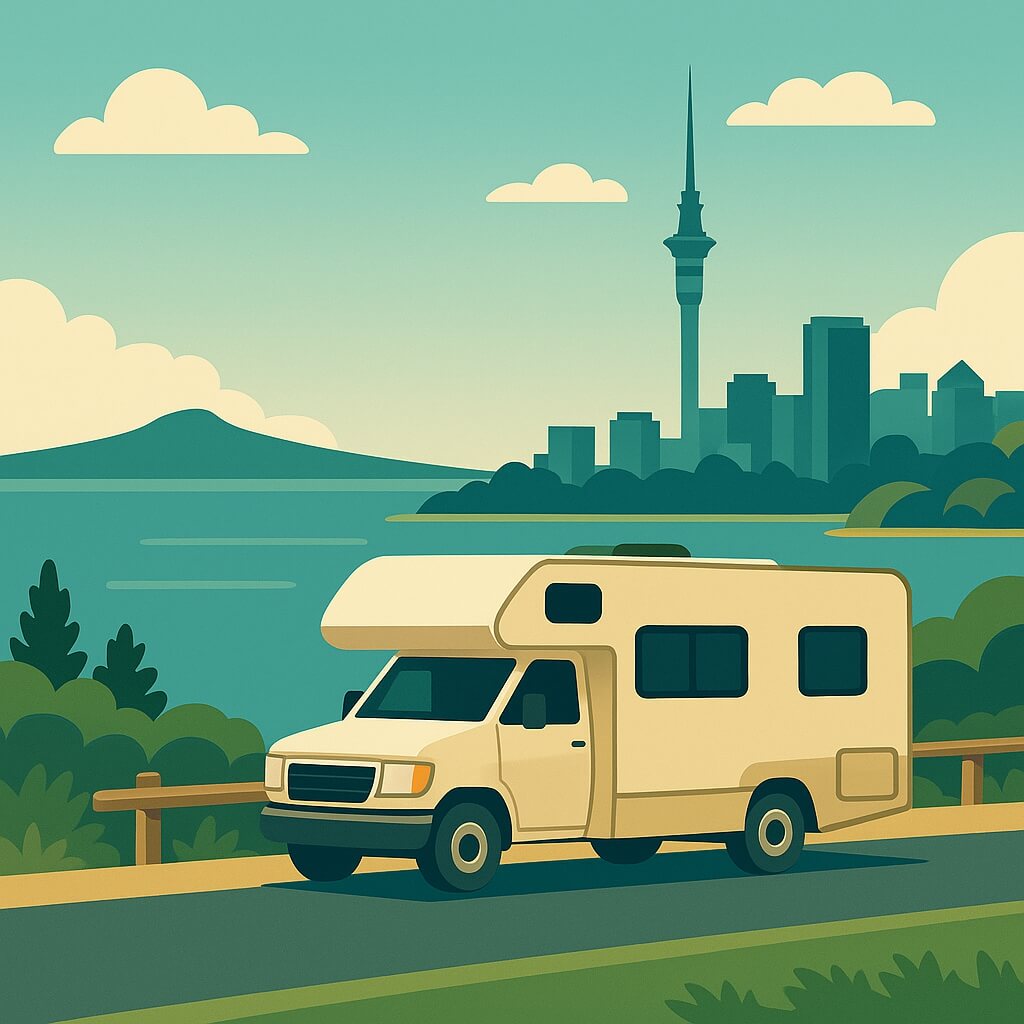 Camper cruising the coastal road with Rangitoto Island and the Sky Tower rising above Auckland, New Zealand.