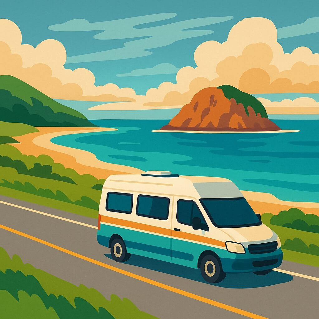 Camper de alquiler bordeando costa turquesa en Australia con isletas.