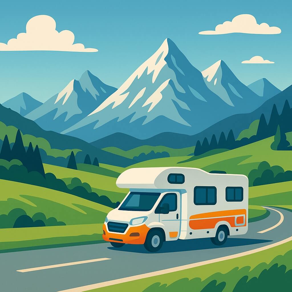 Autocaravana recorriendo valles alpinos de Austria, vacaciones sobre ruedas.