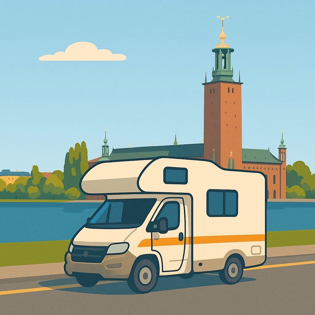 Autocaravana junto al lago Mälaren con vistas al Stadshuset de Estocolmo, Suecia