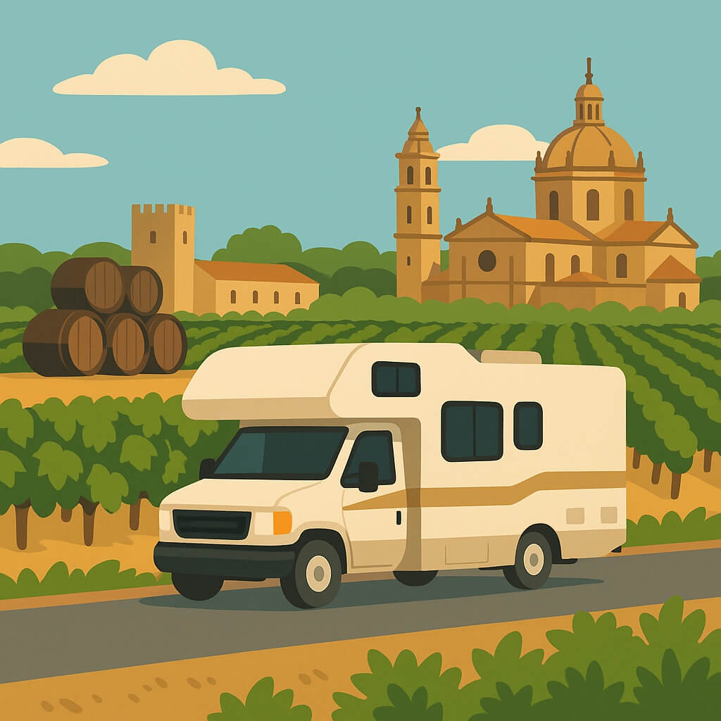Autocaravana ante barricas y viñedos de Jerez