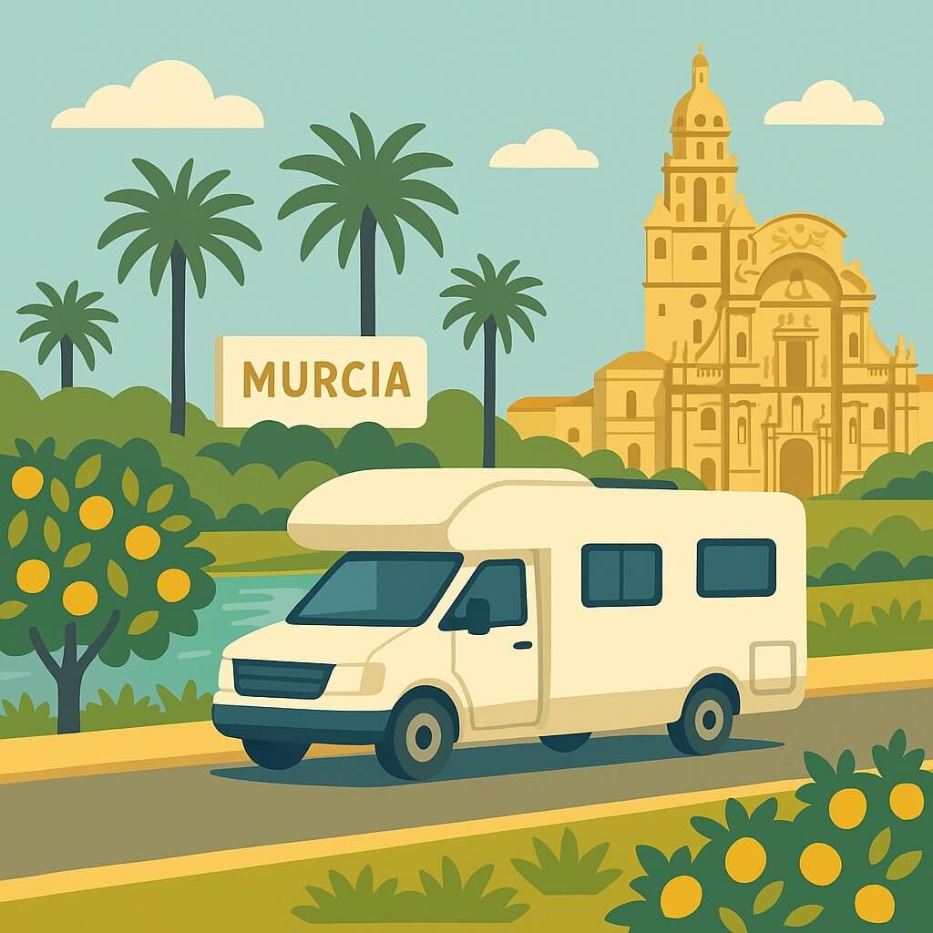 Autocaravana rodeada de palmeras y catedral de Murcia