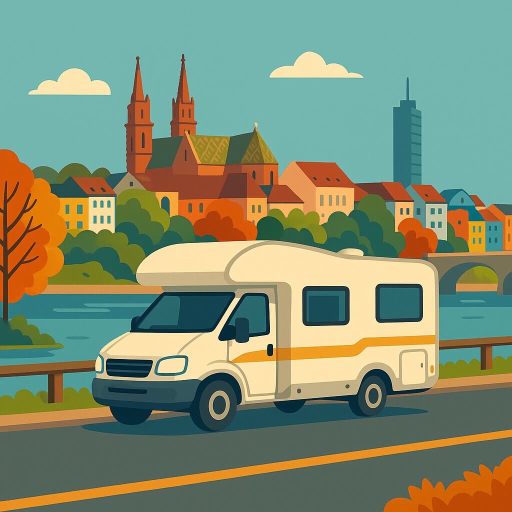 Autocaravana junto al Rin con vista a Basilea