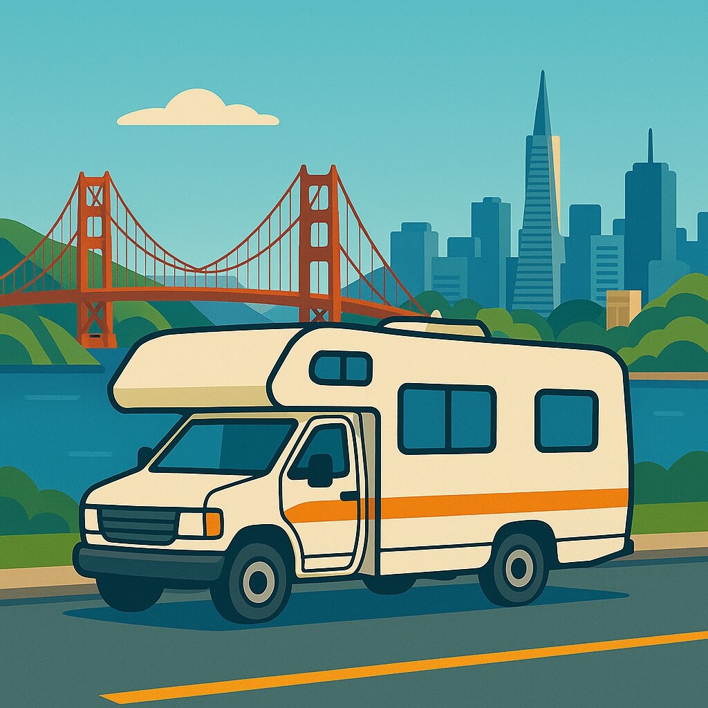 Autocaravana frente al Golden Gate con el horizonte de San Francisco al fondo, Estados Unidos