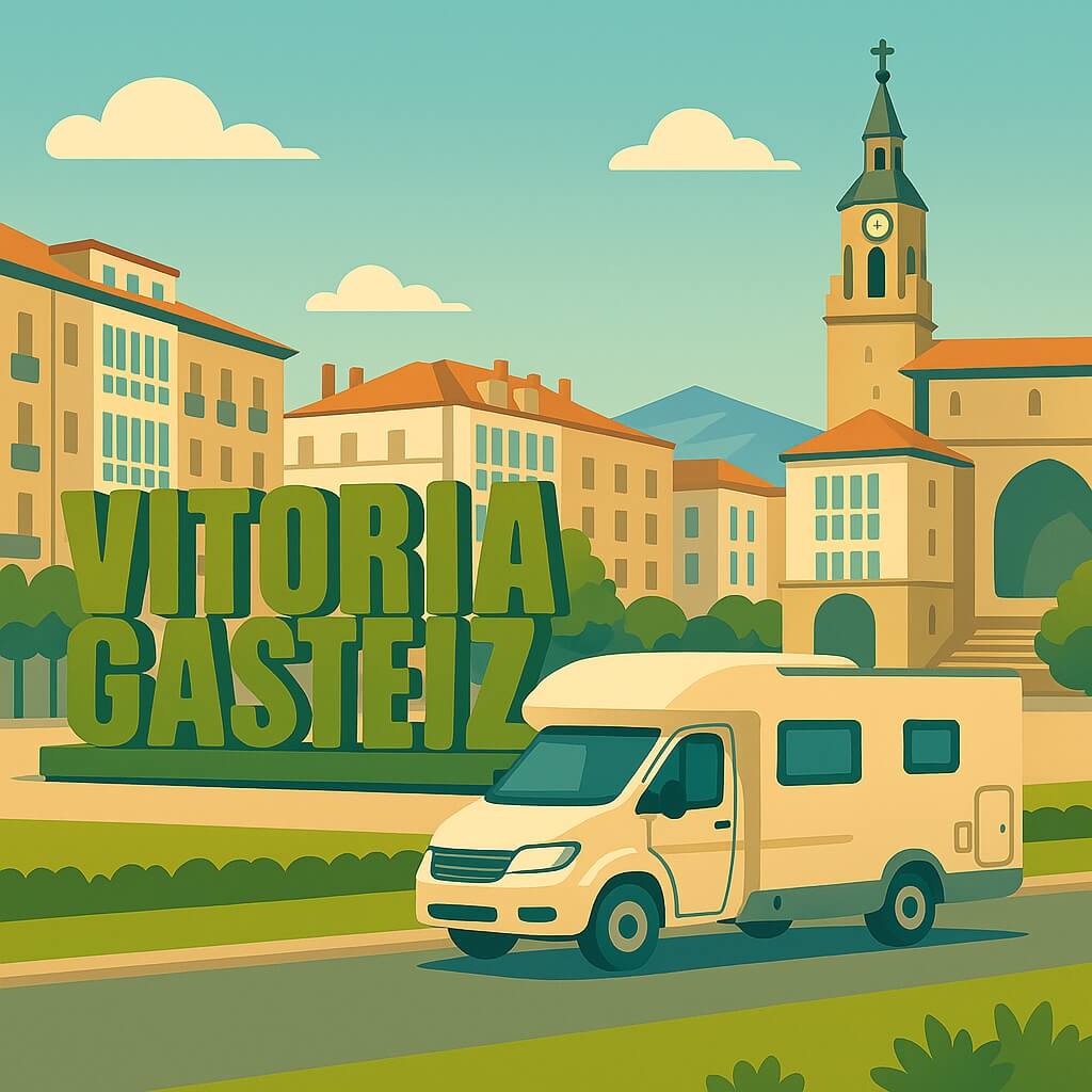 Autocaravana junto al letrero de Vitoria