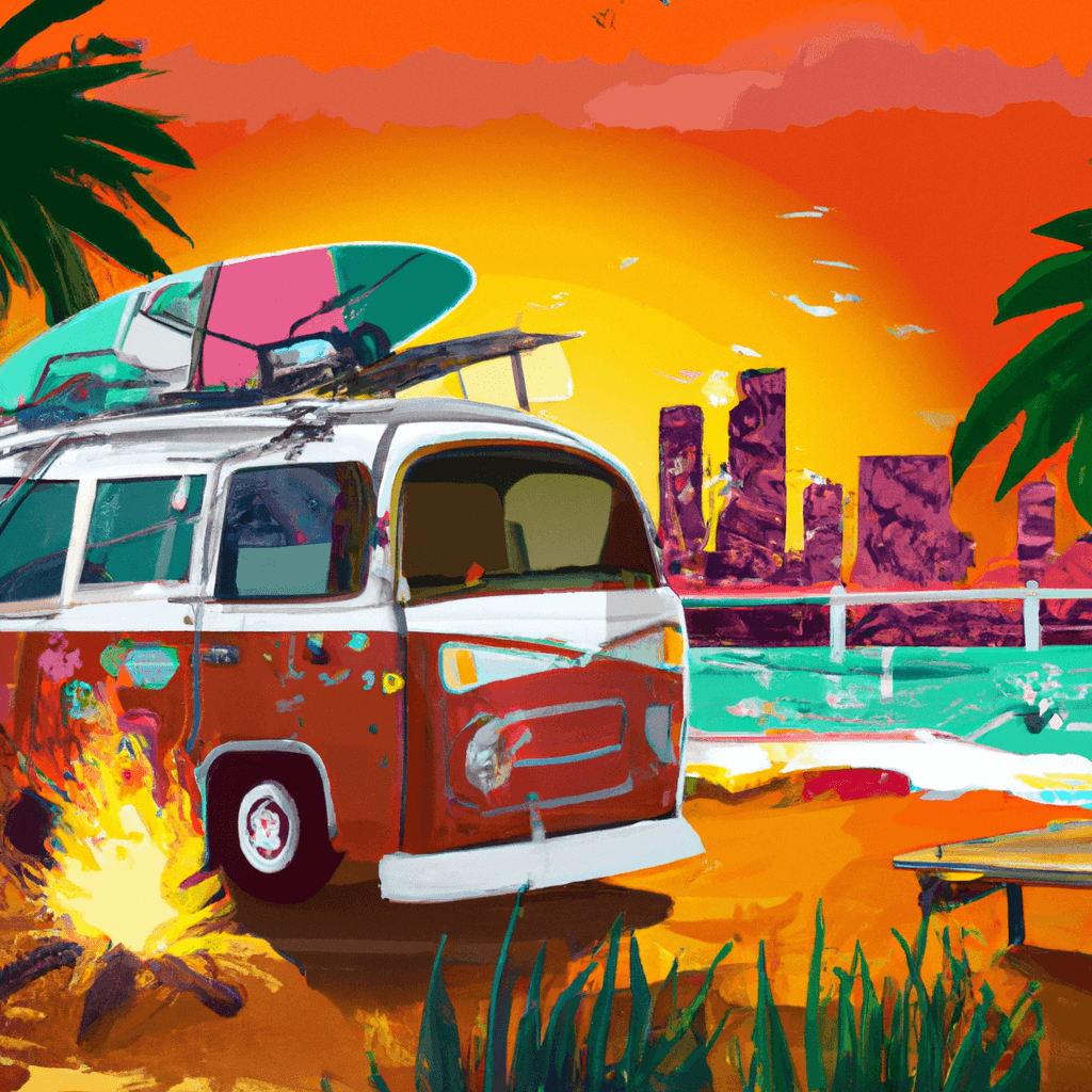 Camping-car parfait à San Diego, palmiers, plage, feu de camp