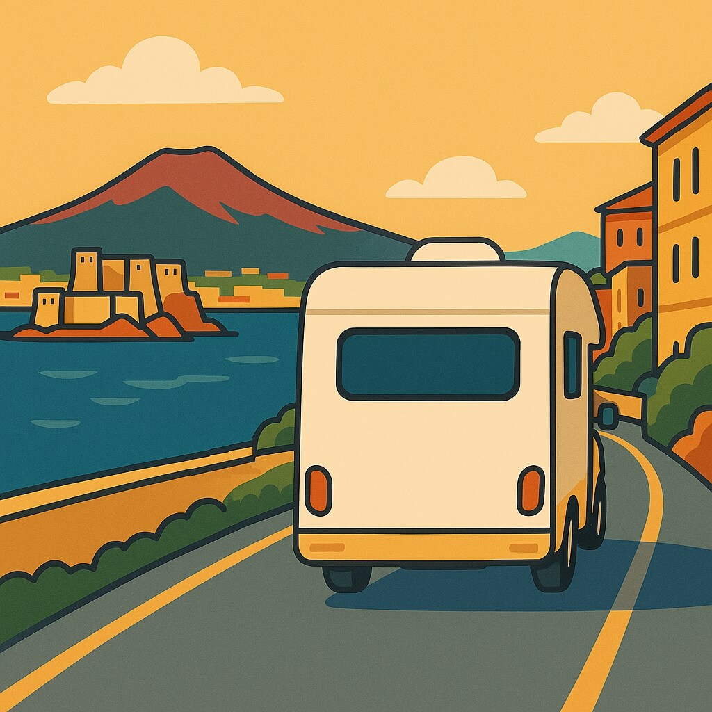 Autocaravana recorre la bahía de Nápoles con el Vesubio, Italia.