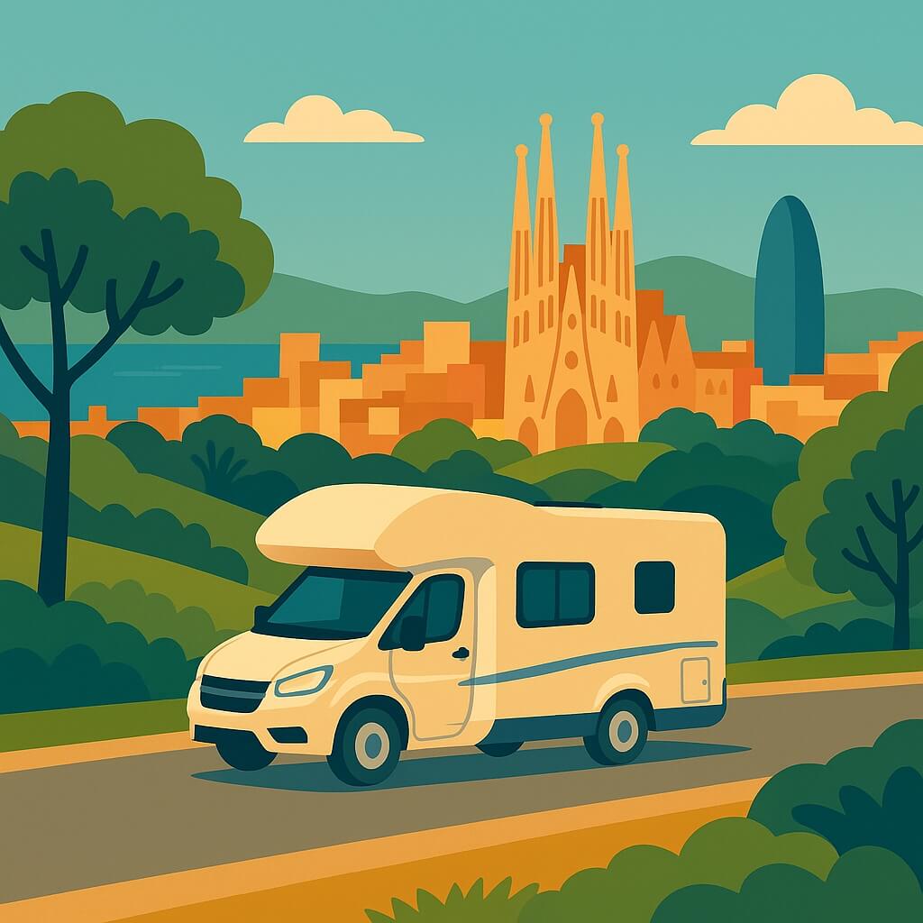 Motorhome cruising the park roads above the city with the Sagrada Família and Mediterranean backdrop, Barcelona, Spain.