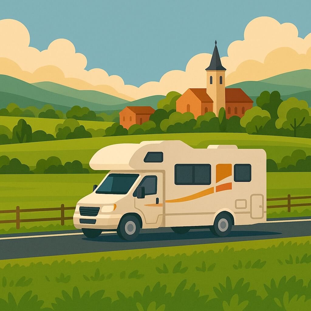 Autocaravana alquilada atravesando campo verde en Bélgica hacia pueblo rural.