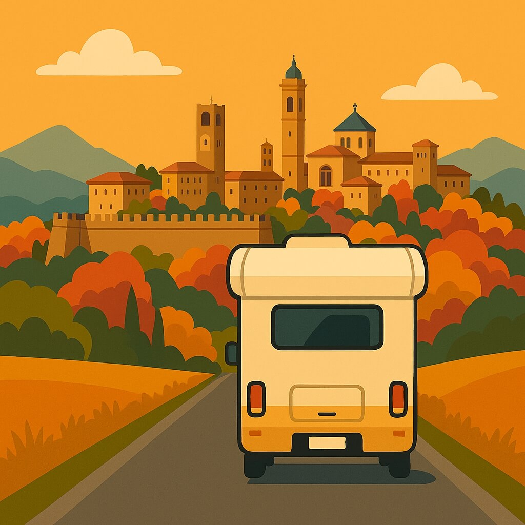 Autocaravana llega a Bérgamo entre bosques otoñales de Italia.