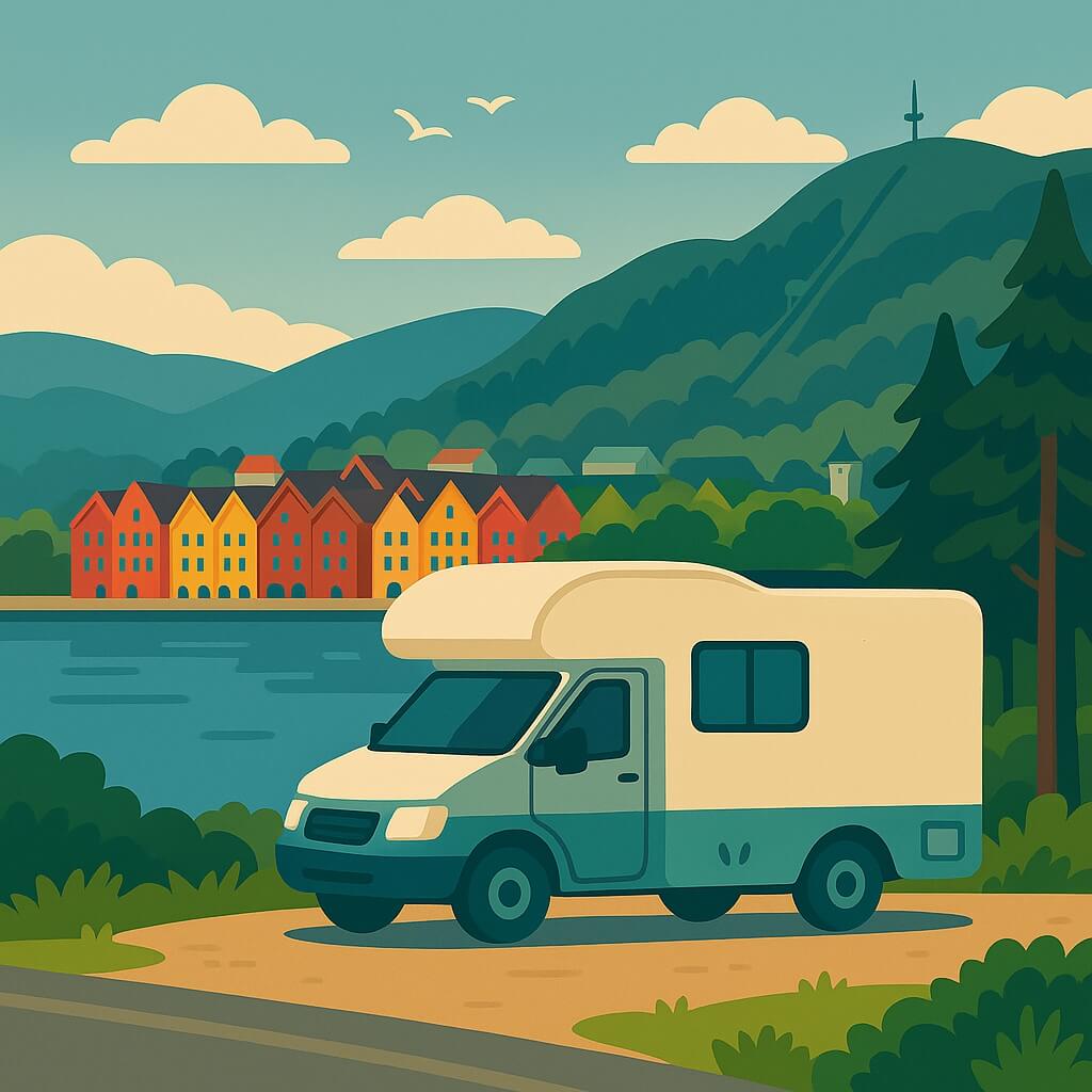 Furgoneta camper junto al fiordo frente a las casas de madera de Bryggen, con el monte Fløyen al fondo, Bergen, Noruega