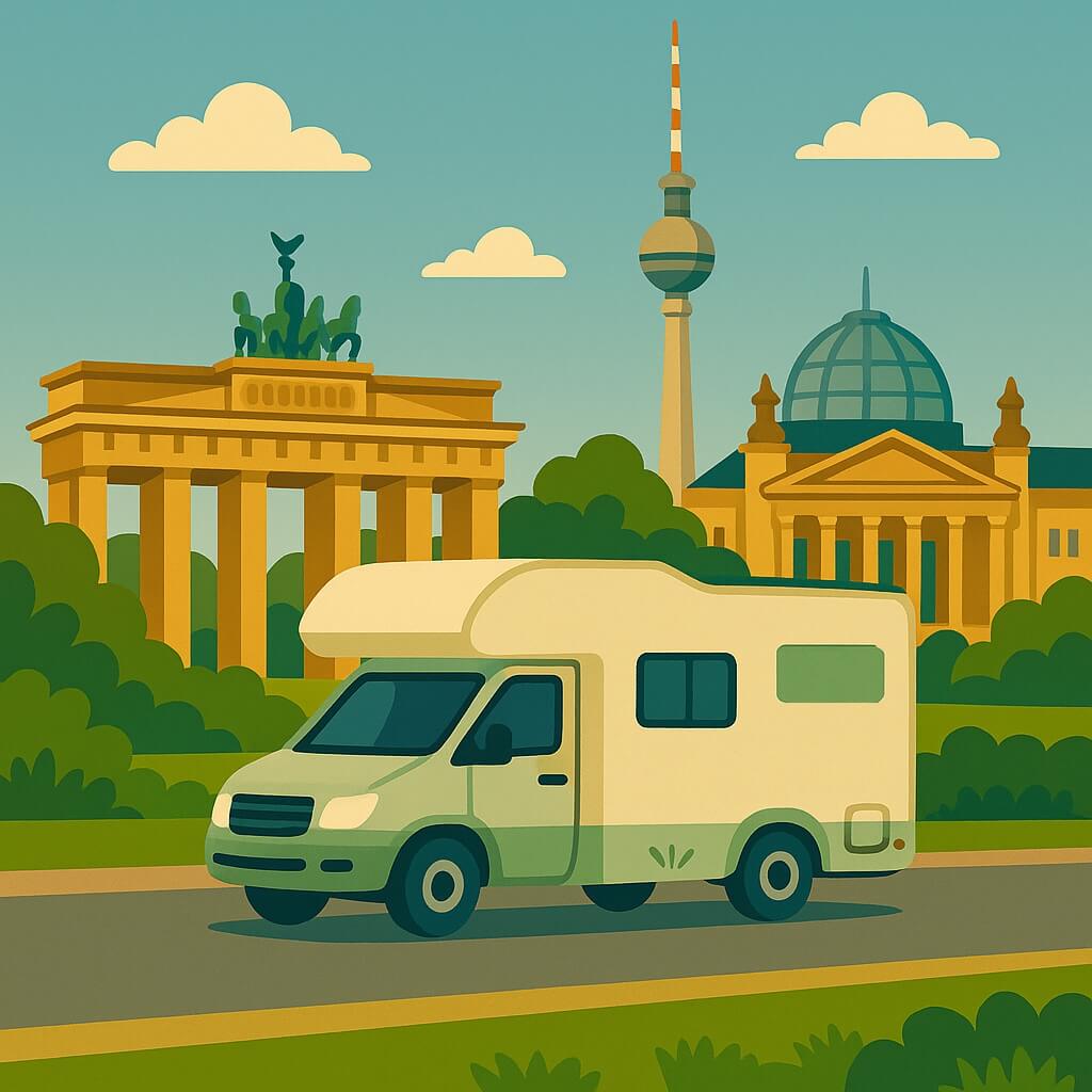Camping-car dans le Tiergarten face à la porte de Brandebourg, la tour TV et le dôme du Reichstag, Berlin.