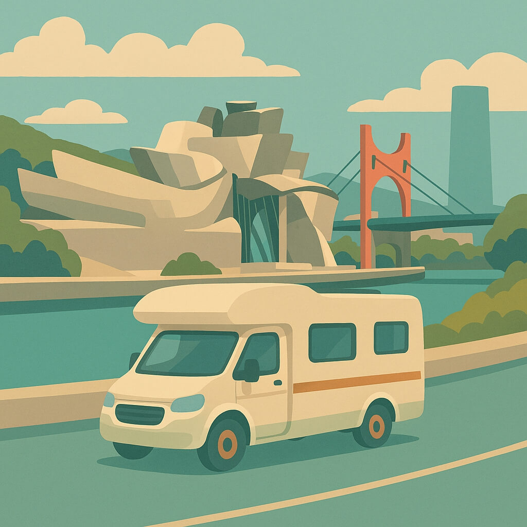 Camping-car passant devant le musée Guggenheim et le pont La Salve sur l’estuaire de Bilbao, Espagne.