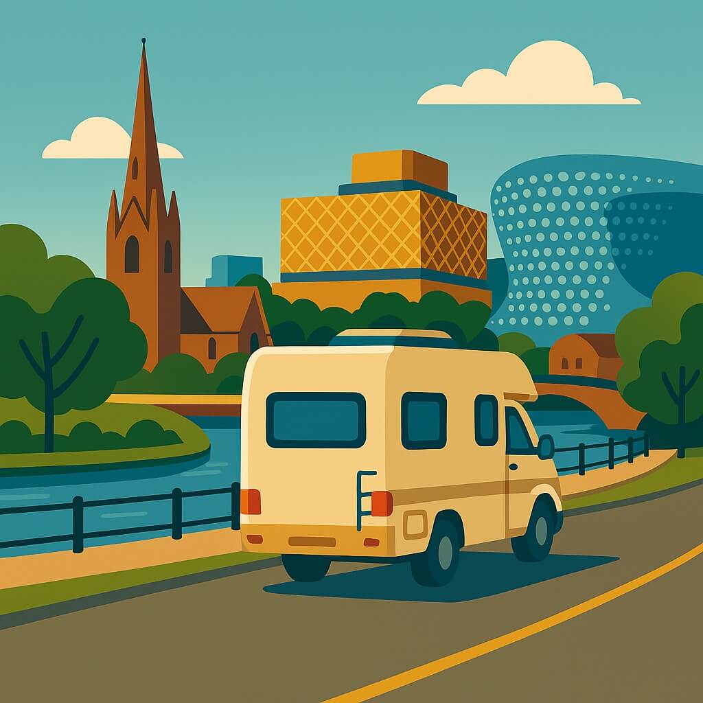 Campervan in Birmingham following a canal-side road with St Martin’s Church.