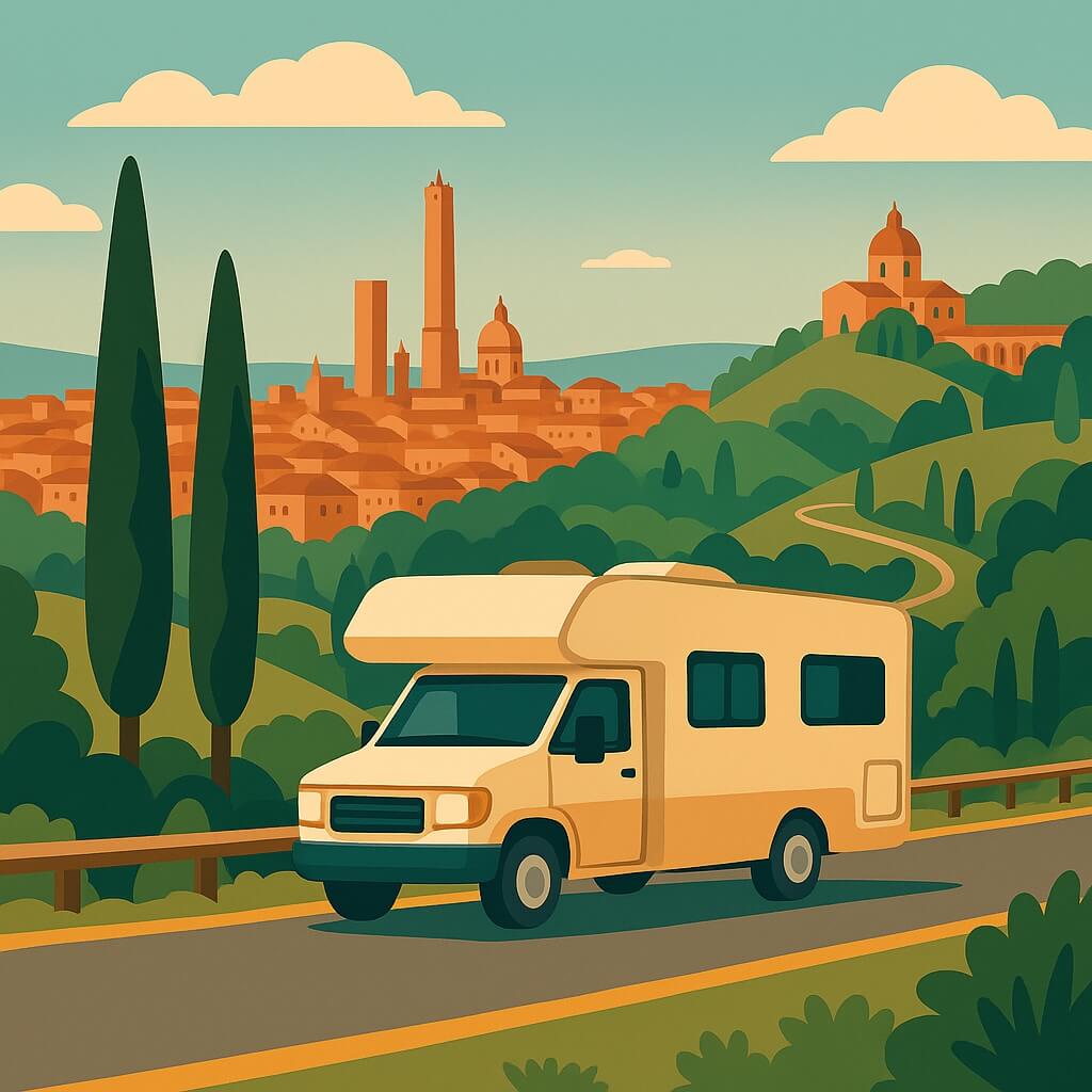 Camper sulle colline con vista sulle Due Torri di Bologna, Italia.