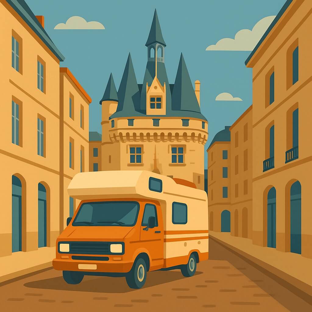 Motorhome navigating cobbled streets beside the pointed turrets of Porte Cailhau, Bordeaux, France.