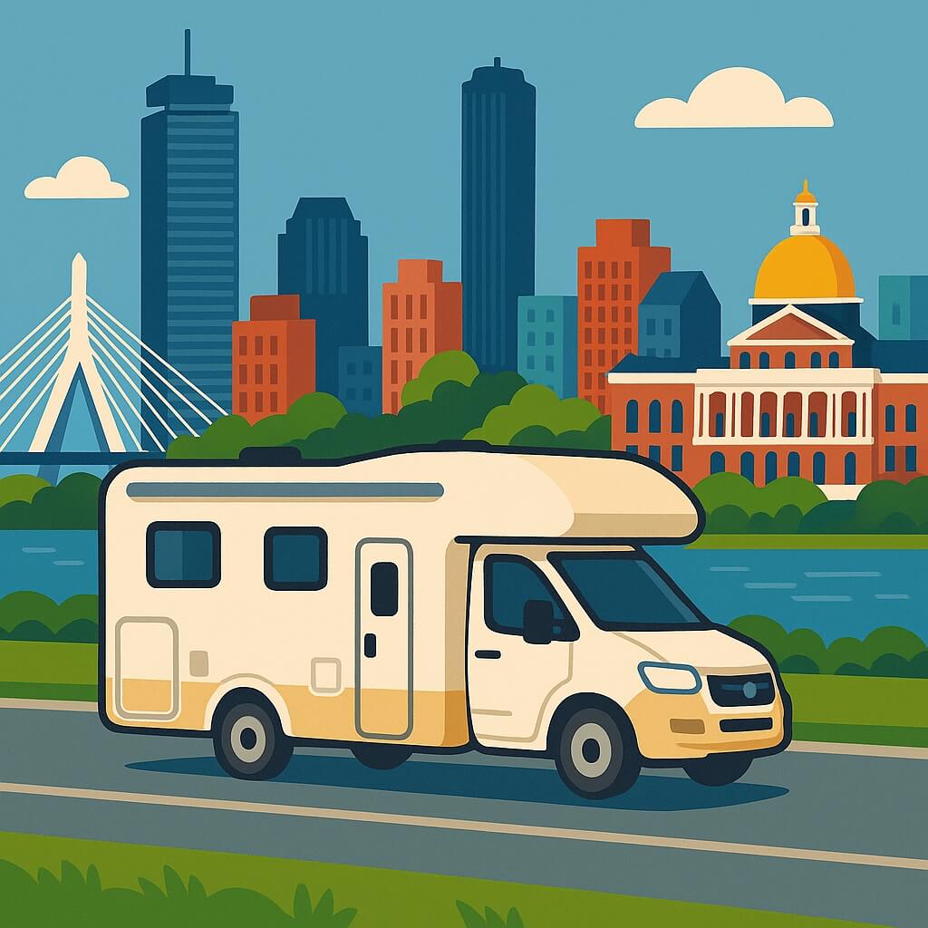 Wohnmobil am Charles River mit dem Massachusetts State House und der Zakim-Brücke im Hintergrund, Boston.