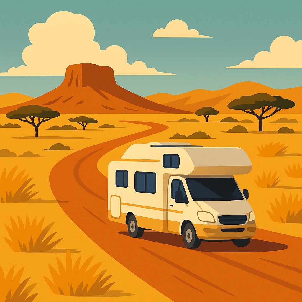 Botswana motorhome kicking dust along red Kalahari track flanked by acacias.