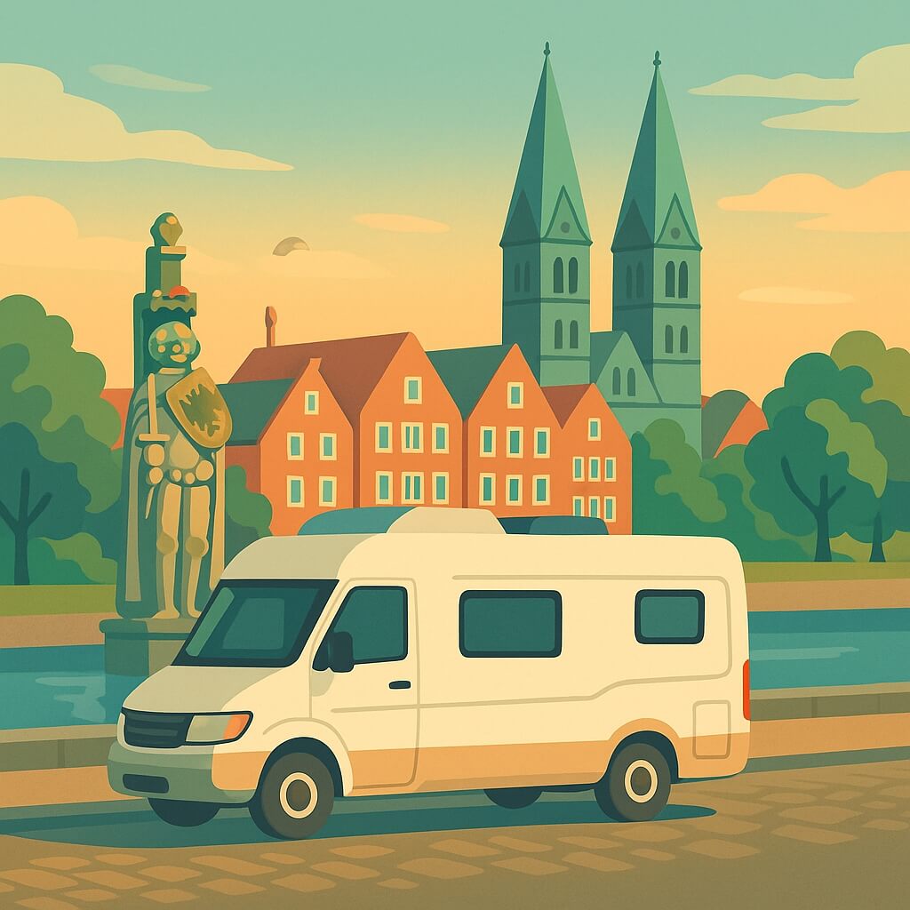 Camper vor der Rolandstatue, im Hintergrund die Doppeltürme des Bremer Doms, Deutschland.
