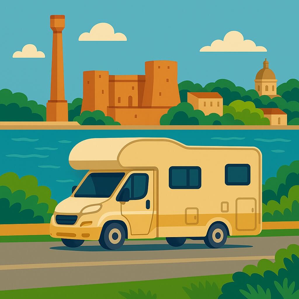 Camper parcheggiato sul lungomare con vista sul Castello Svevo e sulla Colonna Romana, Brindisi, Italia.