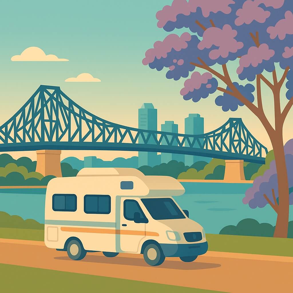 Autocaravana junto al río Brisbane bajo el Story Bridge al atardecer, Australia.