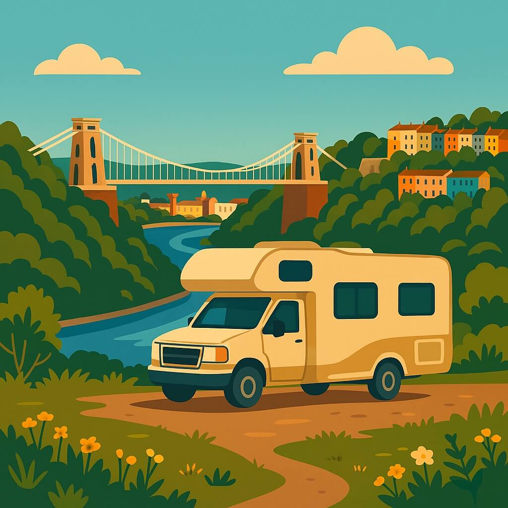Camper overlooking the Avon Gorge with the Clifton Suspension Bridge and colourful hillside houses of Bristol, UK.