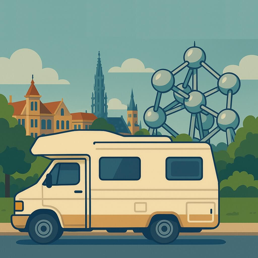 Autocaravana circulando frente al Atomium mientras despuntan las torres históricas de Bruselas, Bélgica.