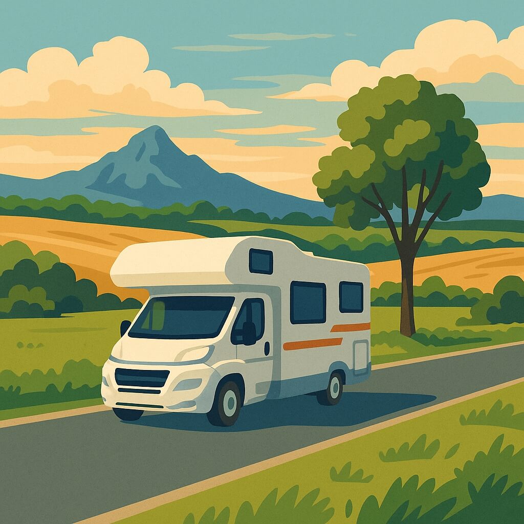 Bulgaria motorhome sweeping across Thracian plains toward distant Balkan mountains.