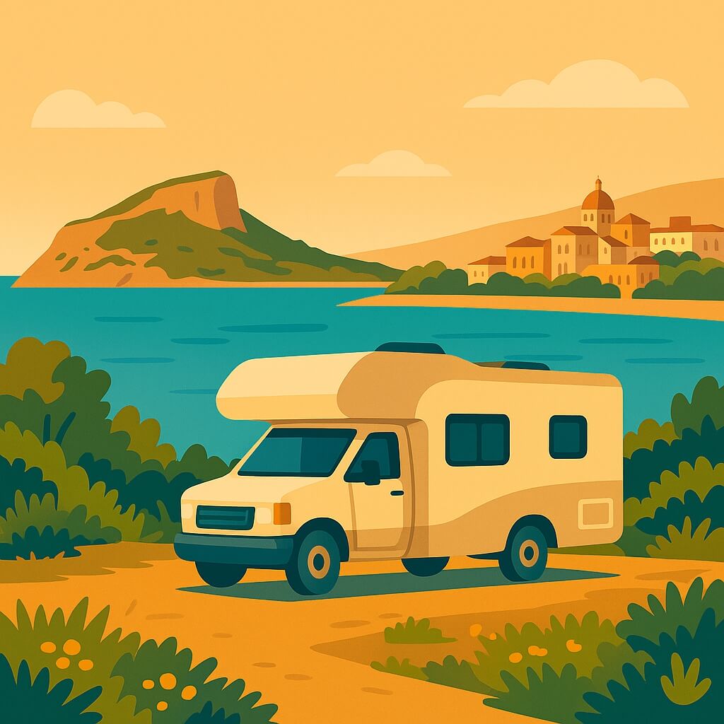 Motorhome parked by the Gulf of Cagliari on Sardinia, Italy, ready for a coastal road trip.