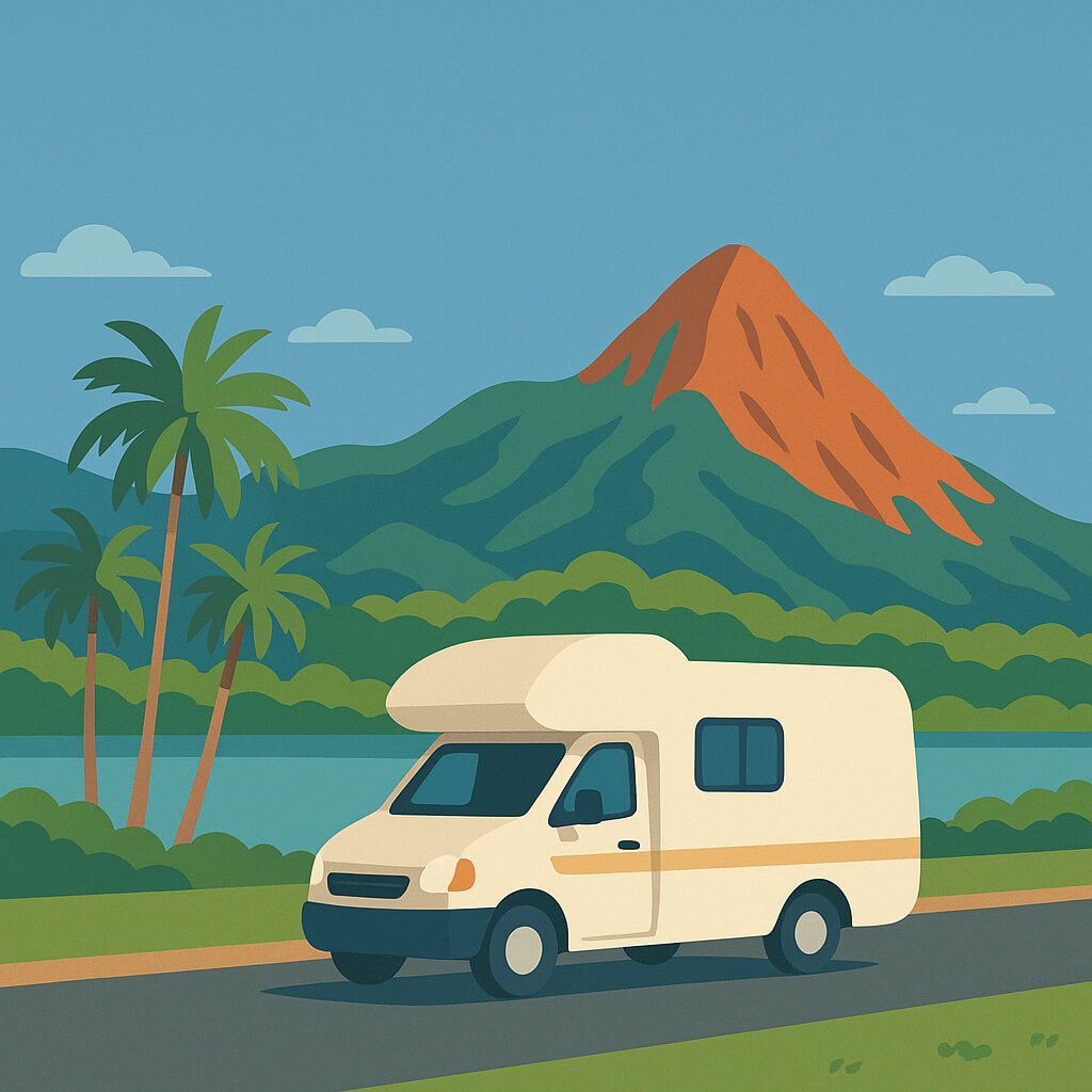 Motorhome on a coastal highway flanked by rainforest palms and the volcanic peak of Walshs Pyramid near Cairns, Australi