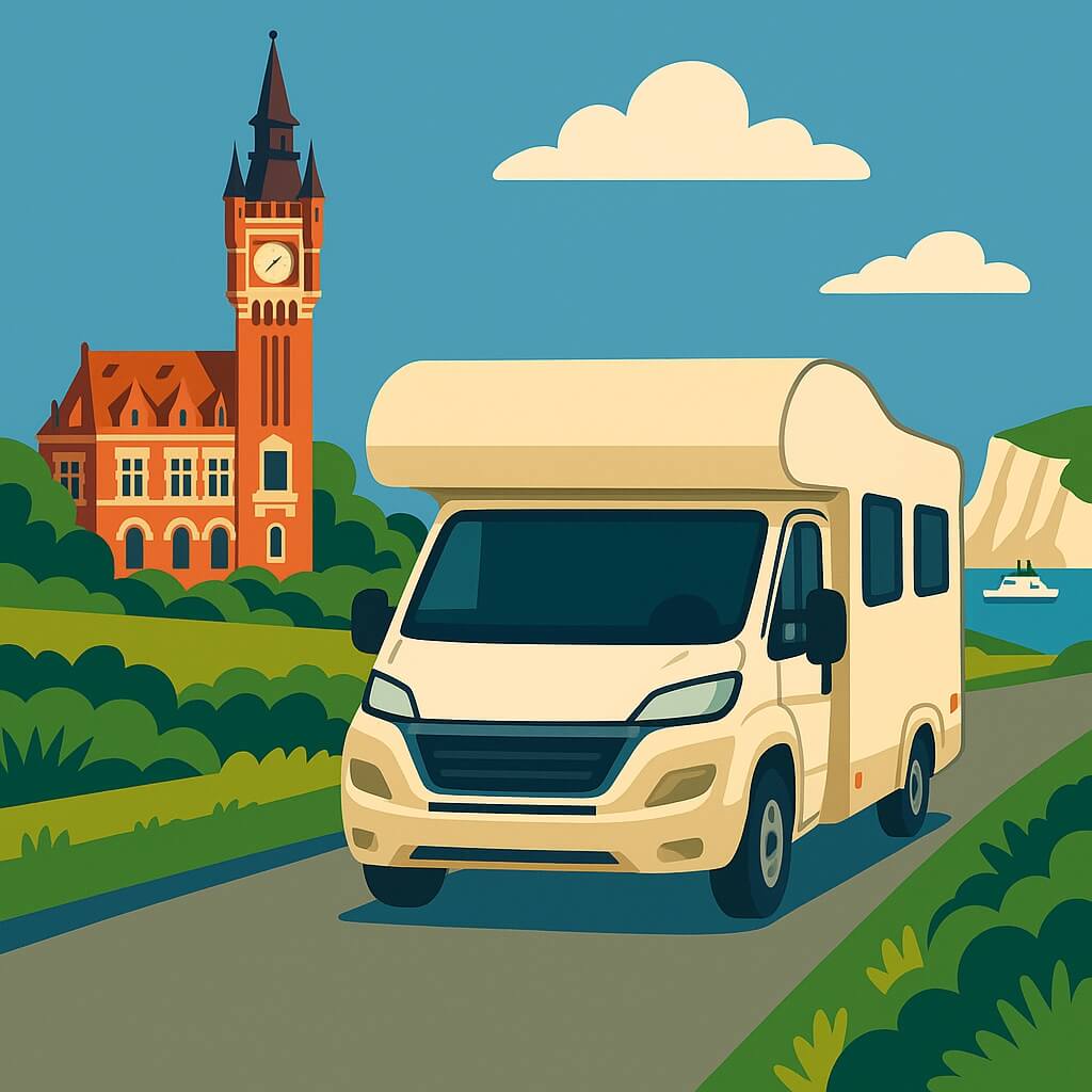 Motorhome drives past Calais belfry toward white cliffs and ferry.