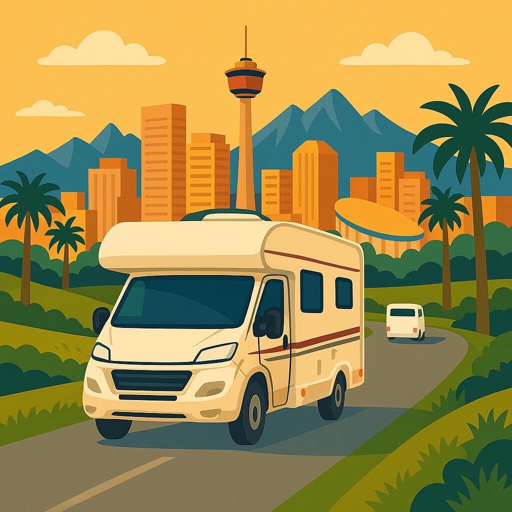 Motorhome driving into Calgary, Canada, past the Calgary Tower skyline.