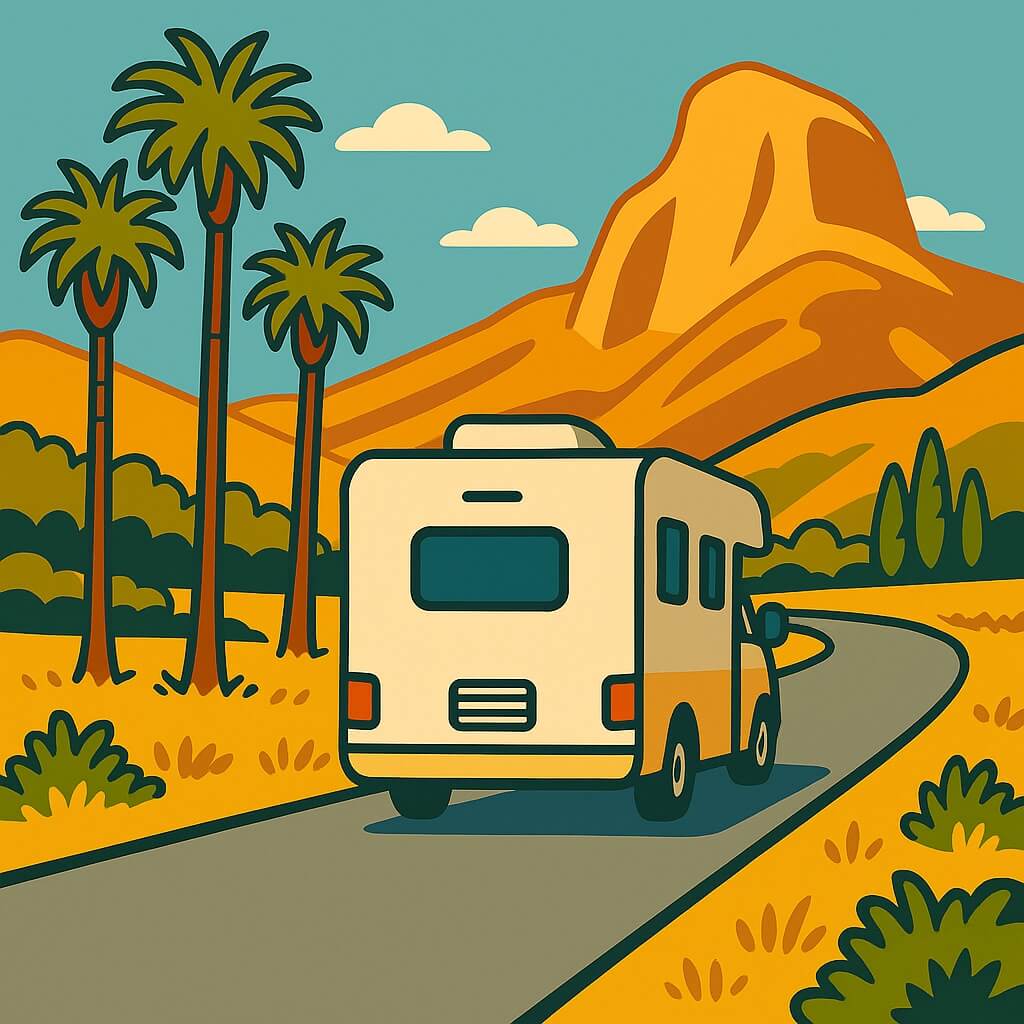 Camping-car filant sur une route du désert bordée de palmiers en Californie.